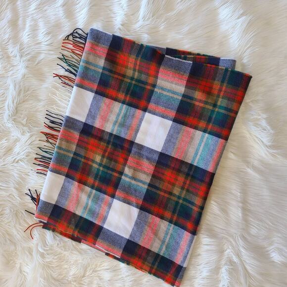 J. Crew Factory Classic Fringe Tartan Plaid Wide Long Scarf White Red Green EUC - Picture 2 of 3